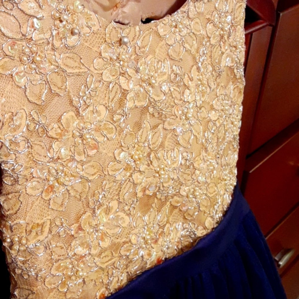 Flower Girl Dress, Handmade Custom Made, Navy Gold Pearl & Sequin Embellishments - Picture 2 of 15